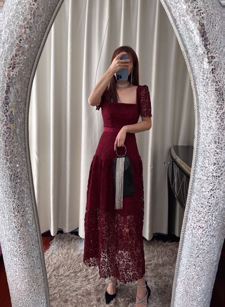 Casual Dresses S-elf-Portrait Lace A-line Dress Square Neck Short Sleeve Midi Dress for Women