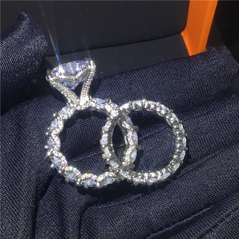 Vintage Heart shape White Gold Filled ring sets 8ct AAAAA cz Stone Engagement Wedding Band Rings for women men Fine Jewelry