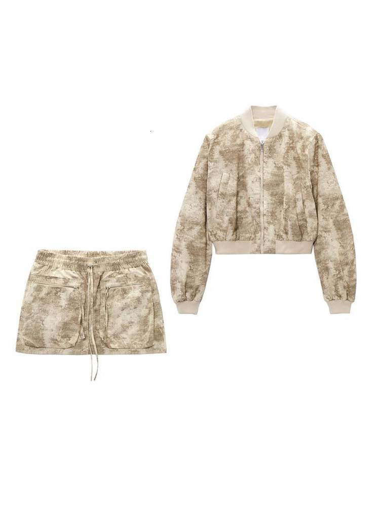 Two Piece Dres's Bomber Jacket Set Mini Skirts Short Flying Coat Sets 2023 Vintage Long Sleeve Zipper Female Outerwear Chic Coats 230609