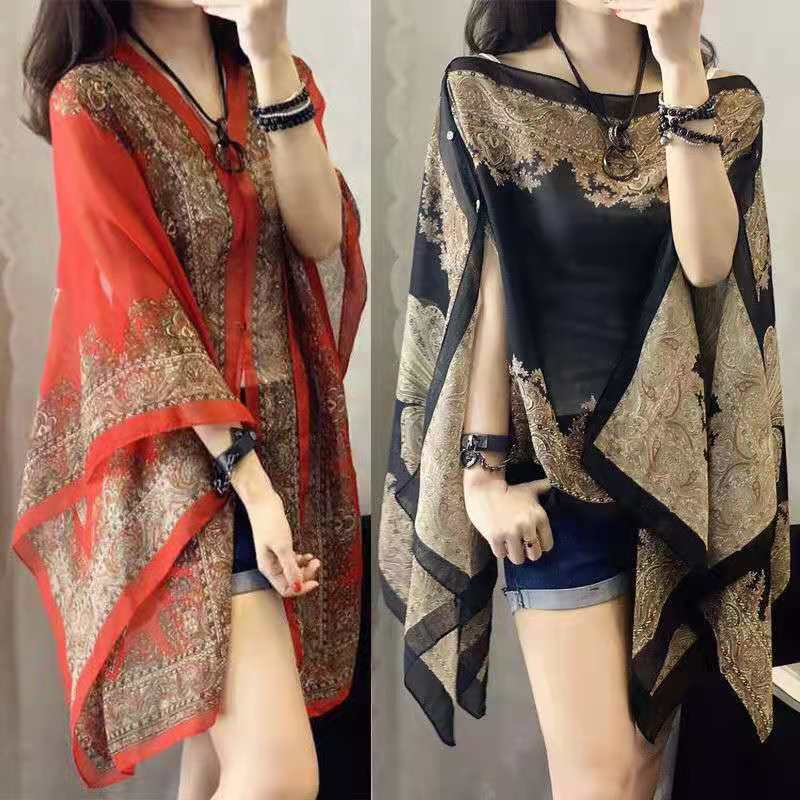 Womens Beachwear Sarong Scarf Poncho Bikini Cover Up Top Beach Paisley Print Chiffon Summer Sunscreen Shawl Pashmina for Driving With Button
