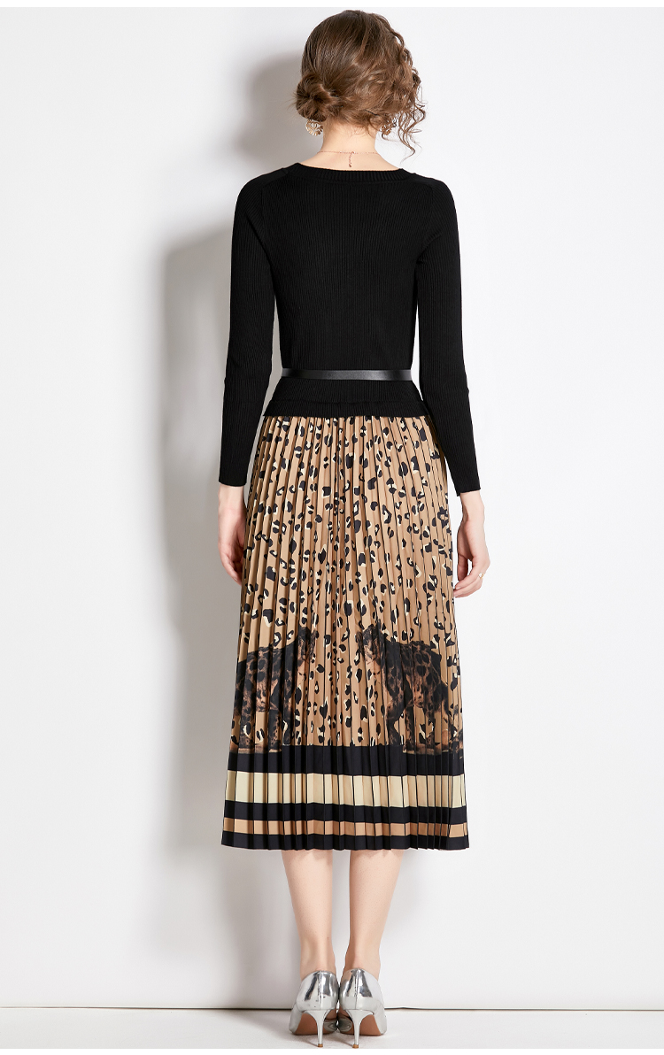 2023 Casual Dresses Autumn Winter Knitted Patchwork Leopard Vintage Print Sweater Dress Women Long Sleeve Sashes Contrast Pleated Midi Vestidos