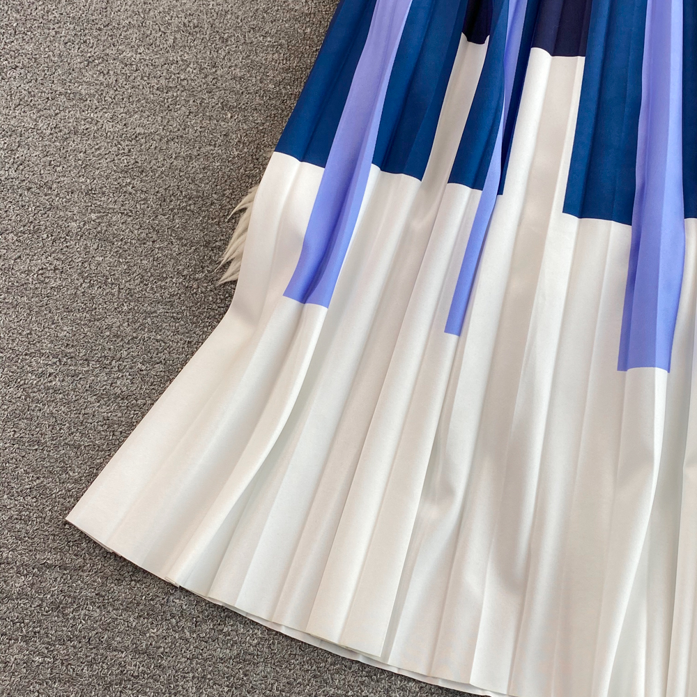 2023 Casual Dresses Autumn Knitted Patchwork Pleated One Piece Dress Women Long Sleeve Sweater Dress Office Lady Stripe Print Midi Vestidos