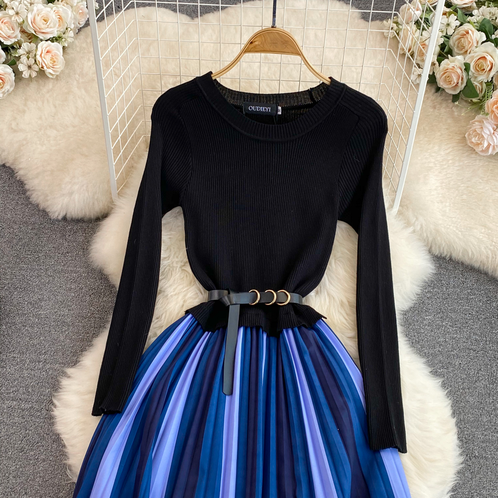 2023 Casual Dresses Autumn Knitted Patchwork Pleated One Piece Dress Women Long Sleeve Sweater Dress Office Lady Stripe Print Midi Vestidos