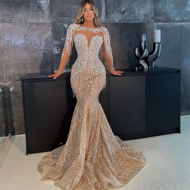 2023 Aso Ebi Champagne Mermaid Prom Dress Beaded Crystals Evening Formal Party Second Reception Birthday Bridesmaid Engagement Gowns Dresses Robe De S