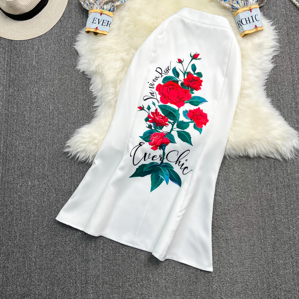 Two Piece Dress Fashion Runway Summer Skirt Suit Women's Rose Floral Print Blouse And A Line Bodycon Midi Mermaid Skirt 2 Two Piece Set 2023