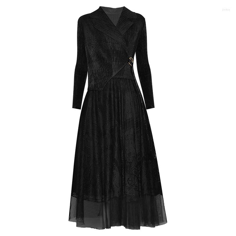 Casual Dresses QUALITY Est HIGH Fashion 2024 Fall Runway Dress Womens Lace Stitching Mesh With Long Sleeves Belt