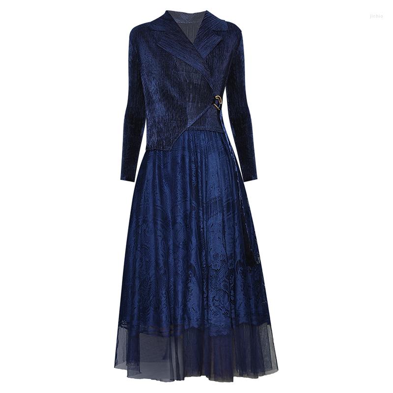 Casual Dresses QUALITY Est HIGH Fashion 2024 Fall Runway Dress Womens Lace Stitching Mesh With Long Sleeves Belt