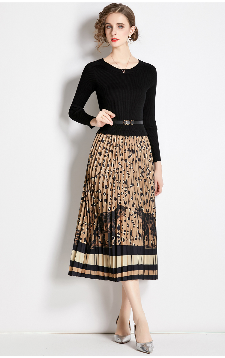 2023 Casual Dresses Autumn Winter Knitted Patchwork Leopard Vintage Print Sweater Dress Women Long Sleeve Sashes Contrast Pleated Midi Vestidos
