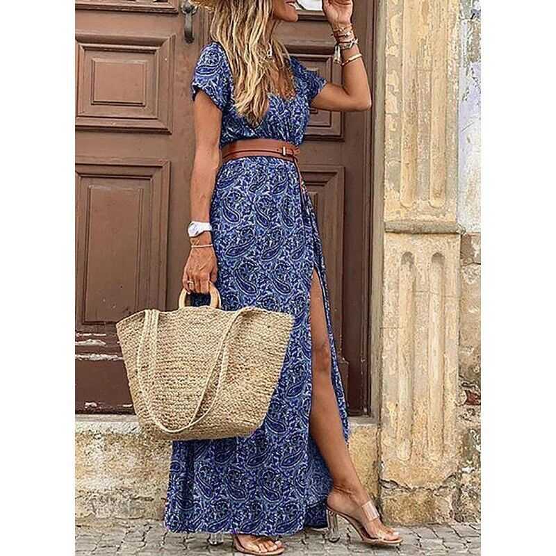 Women's Designer Summer Dress Fashion Bohemian V-Neck Ral Elegant Beach Maxi Dresses For Woman Robes Vestidos Ladies Vacation Holidy Skirt G05