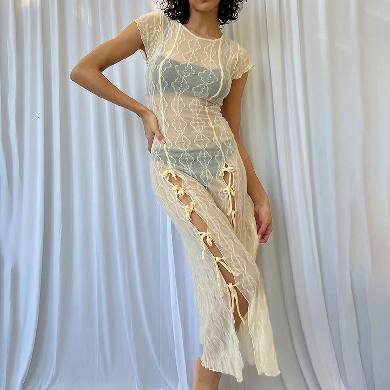 Basic Casual Dresses Goth Dark Knit Lace Fairycore Aesthetic Midi Dress Retro Y2k Grunge Elegant Sheer Long Dresses Women Bandage Short Sleeve Outfit 