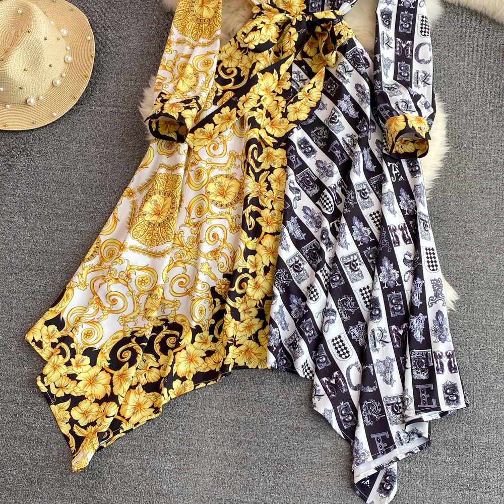 2023 Casual Dresses Spring Autumn Colorblock Irregular Shirt Dress Women's Turn Down Neck Long Sleeve Vintage Print Button Up Sashes Midi Dress