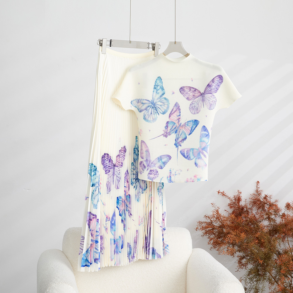Two Piece Dress Women Elegant Flower Print Stretched Pullovers Top + A-Line Pleated Midi Skirts Fashion Runway 2 Pieces Set Casual Outfits 2023