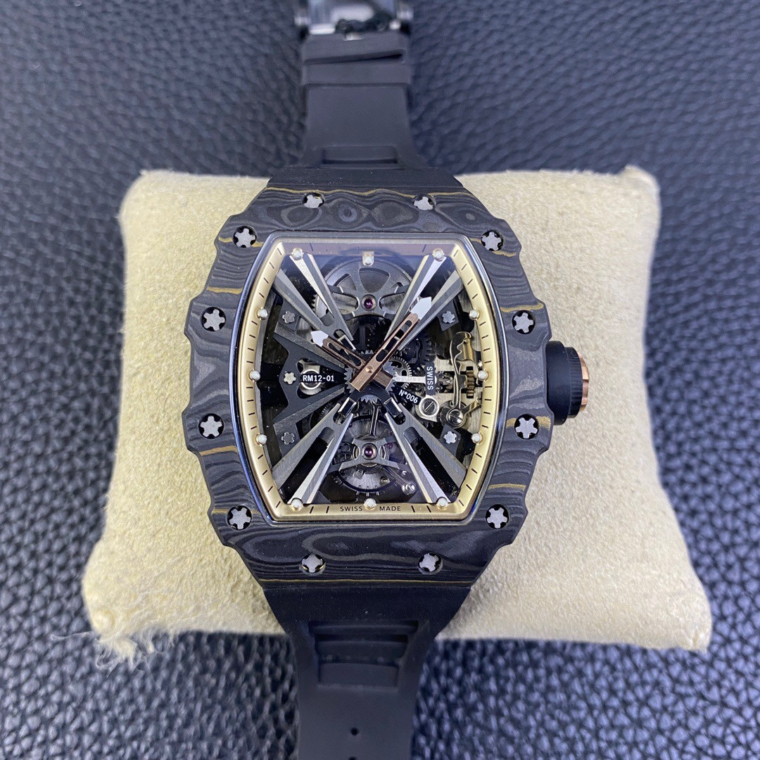 RM12-01 watch features a floating tourbillon manual winding movement barrel case made of carbon fiber sapphire glass mirror, As shown
RM12-01 watch features a floating tourbillon manual winding movement barrel case made of carbon fiber sapphire glass mirror, As shown