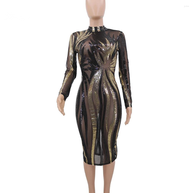 Casual Dresses 2024 Sequin Woman Dress Mesh Bodycon Sexy Club Outfits Long Sleeve See Through Tight Black And Gold Party Night