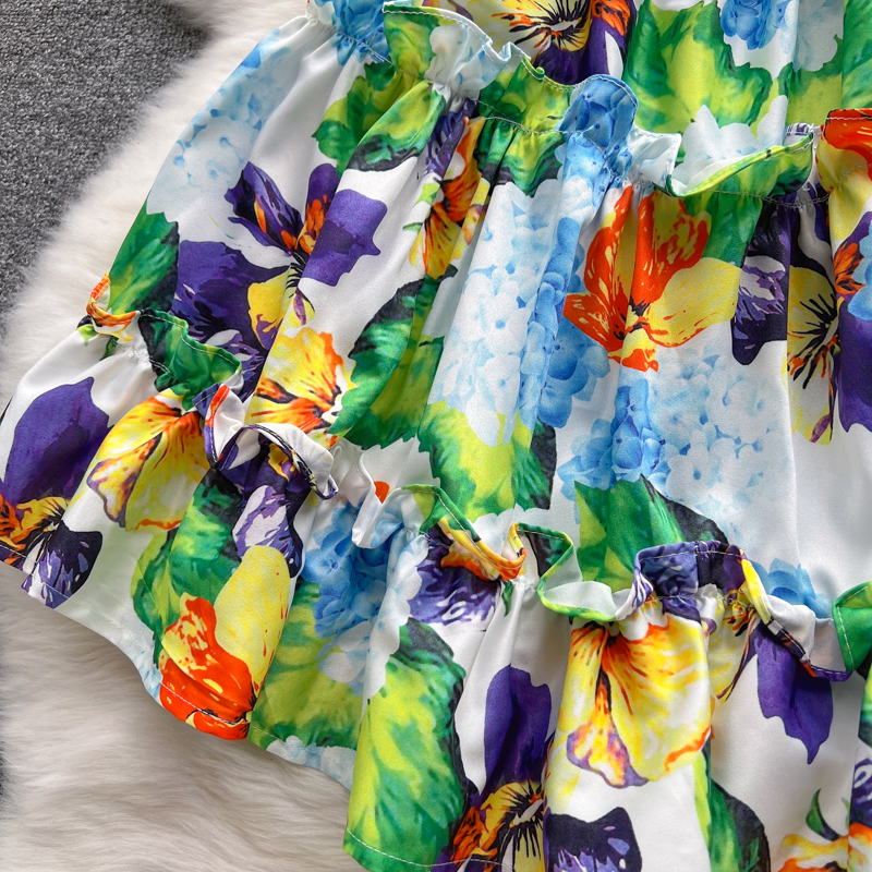 Casual Dresses 2023 Summer Slach Neck Flower Beach Short Dress Womens Bow Spaghetti Strap Elastic Waist Holiday Ruffles Cascading Dress