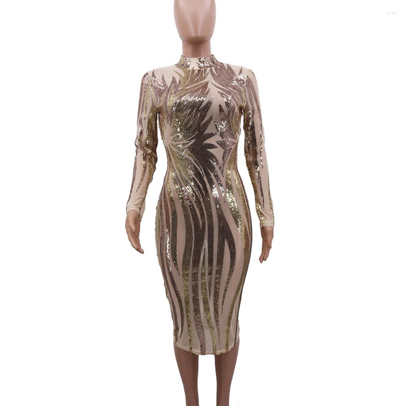 Casual Dresses 2024 Sequin Woman Dress Mesh Bodycon Sexy Club Outfits Long Sleeve See Through Tight Black And Gold Party Night