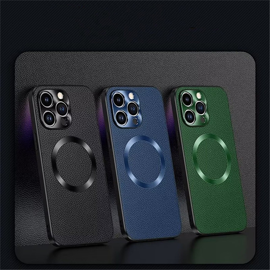 Iphone cases Luxury Litchi pattern Magnetic For Magsafe Wireless Charging Case For iPhone 14 13 12 11 Pro Max 14Pro 14Plus 13ProMax TPU Genuine leather Cover, Black