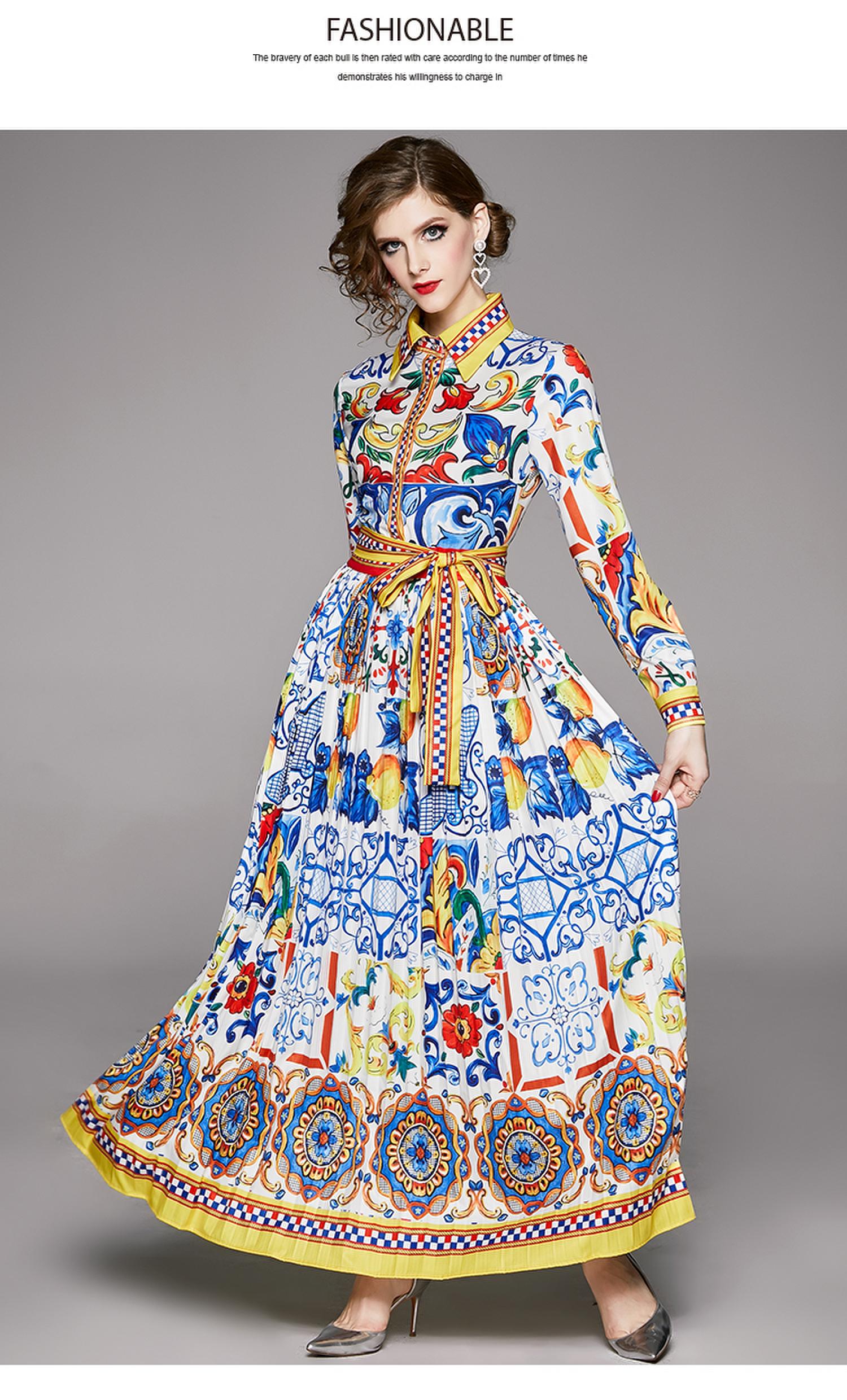 Casual Dresses 2023 Fashion Runway Maxi Dresses Spring Women's Long Sleeve Blue and White Porcelain Floral Print Holiday Long Dress