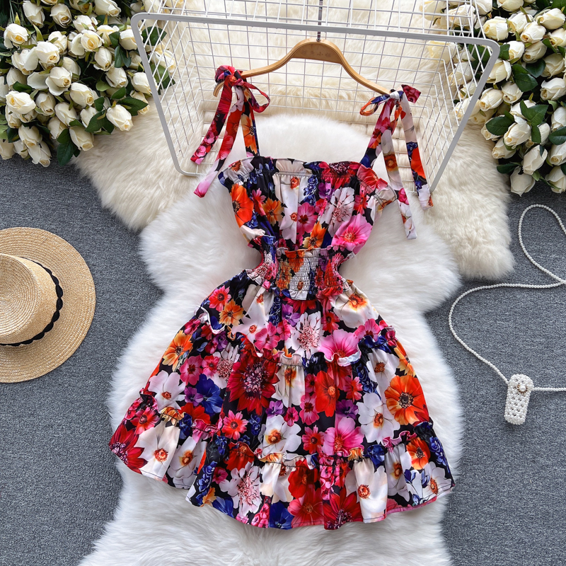 Casual Dresses 2023 Summer Slach Neck Flower Beach Short Dress Womens Bow Spaghetti Strap Elastic Waist Holiday Ruffles Cascading Dress