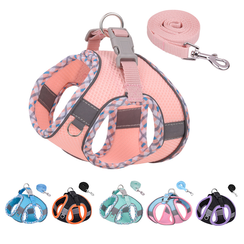 Soft Air Mesh Dog and Leash Set High Tensity Breathable Lightweight Pet Vest Harness from XXS-L