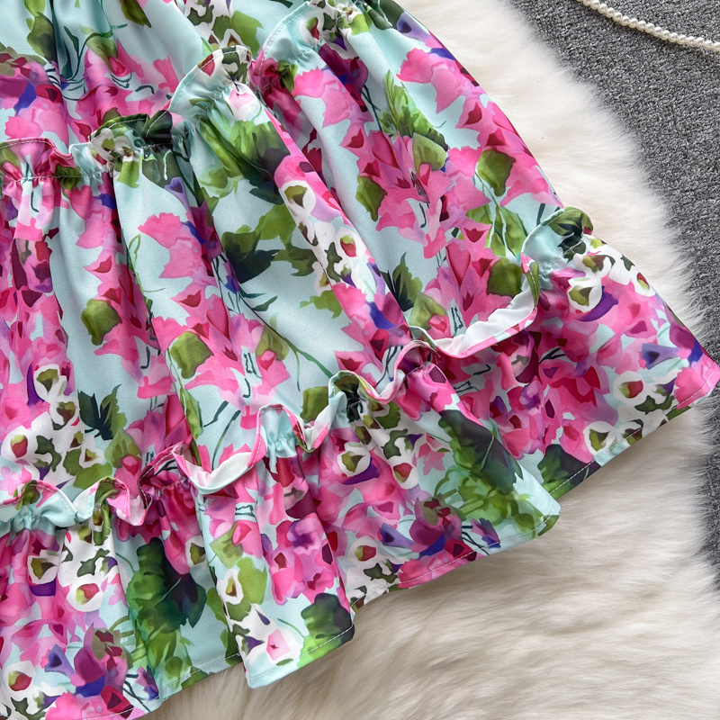 Casual Dresses 2023 Summer Slach Neck Flower Beach Short Dress Womens Bow Spaghetti Strap Elastic Waist Holiday Ruffles Cascading Dress