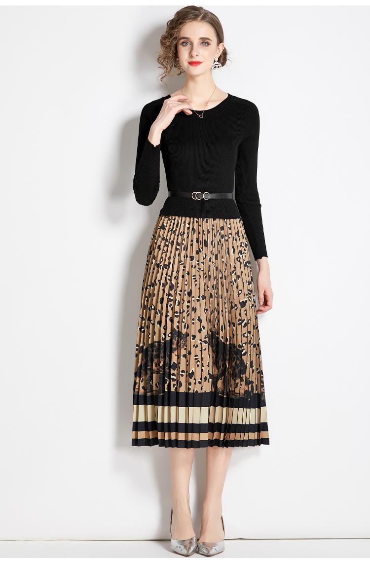 2023 Casual Dresses Autumn Winter Knitted Patchwork Leopard Vintage Print Sweater Dress Women Long Sleeve Sashes Contrast Pleated Midi Vestidos