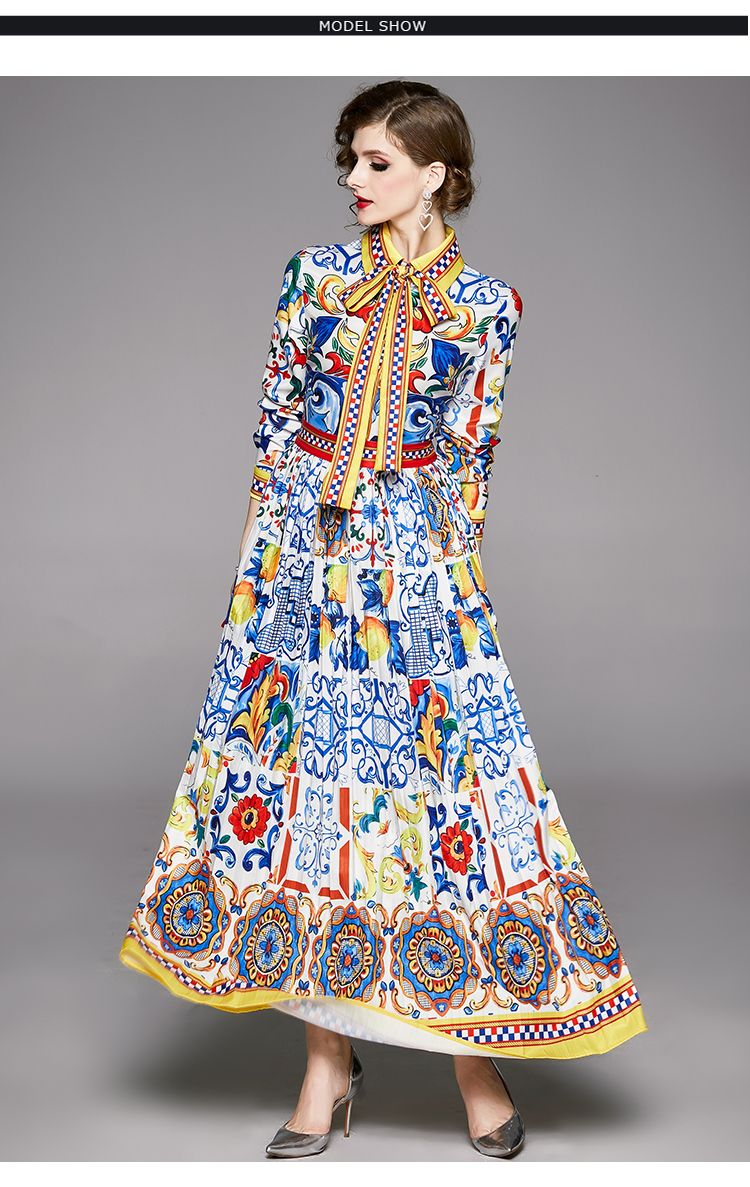 Casual Dresses 2023 Fashion Runway Maxi Dresses Spring Women's Long Sleeve Blue and White Porcelain Floral Print Holiday Long Dress