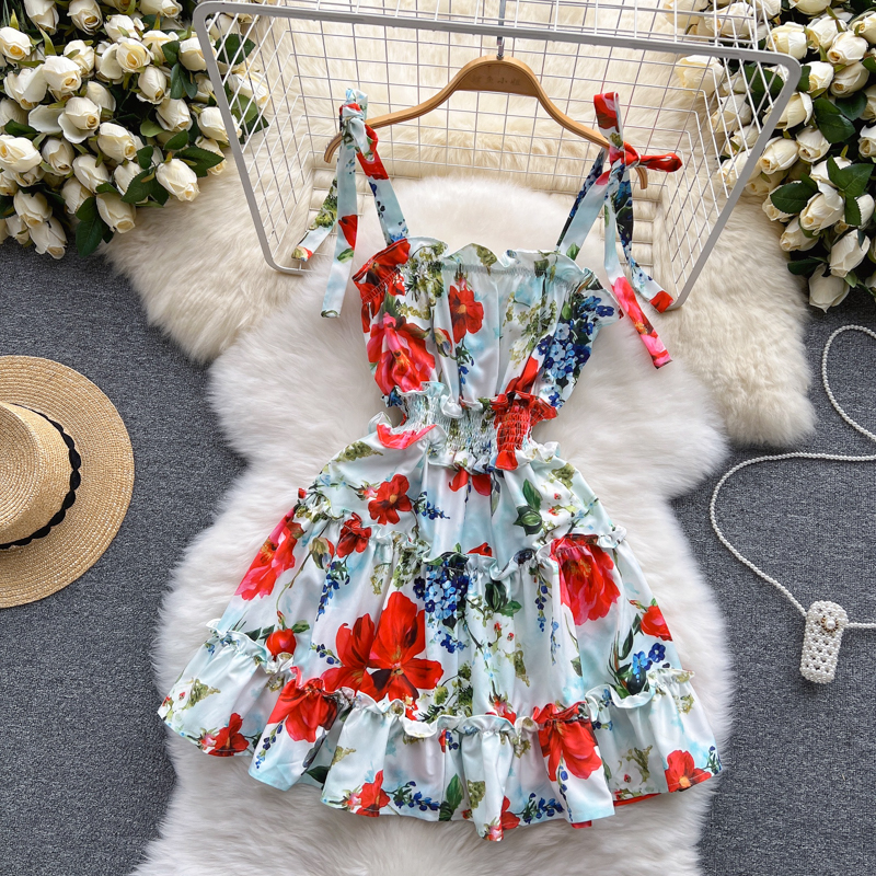 Casual Dresses 2023 Summer Slach Neck Flower Beach Short Dress Womens Bow Spaghetti Strap Elastic Waist Holiday Ruffles Cascading Dress