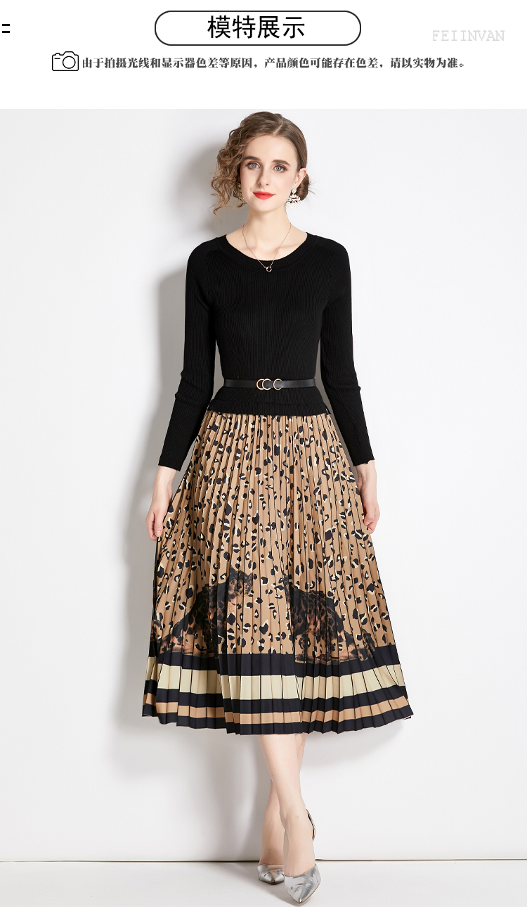 2023 Casual Dresses Autumn Winter Knitted Patchwork Leopard Vintage Print Sweater Dress Women Long Sleeve Sashes Contrast Pleated Midi Vestidos