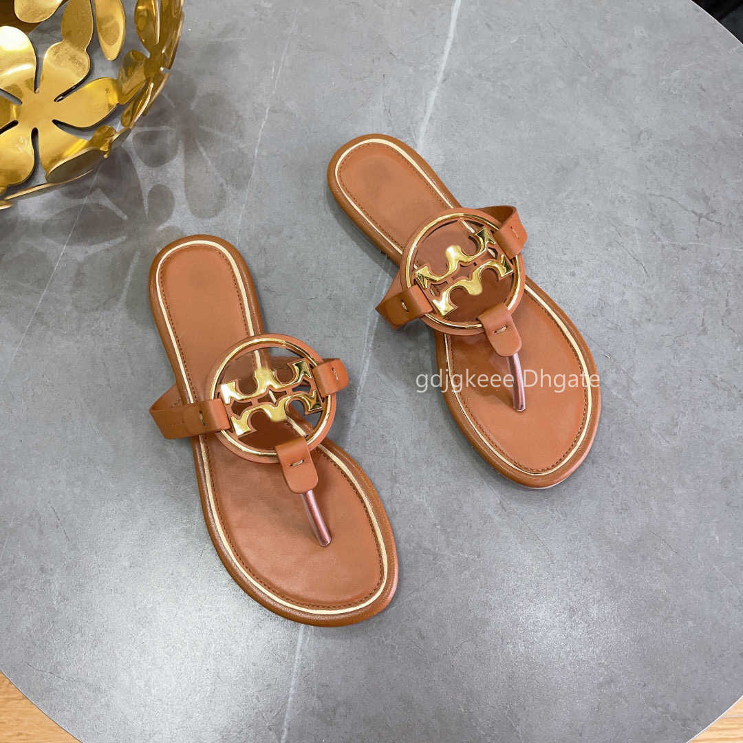 Leather tb sandal hollow out metal tory slippers tory sandal woman shoe 2023 Designer tory slide embossed black slides flip flops ladies with box 35-41