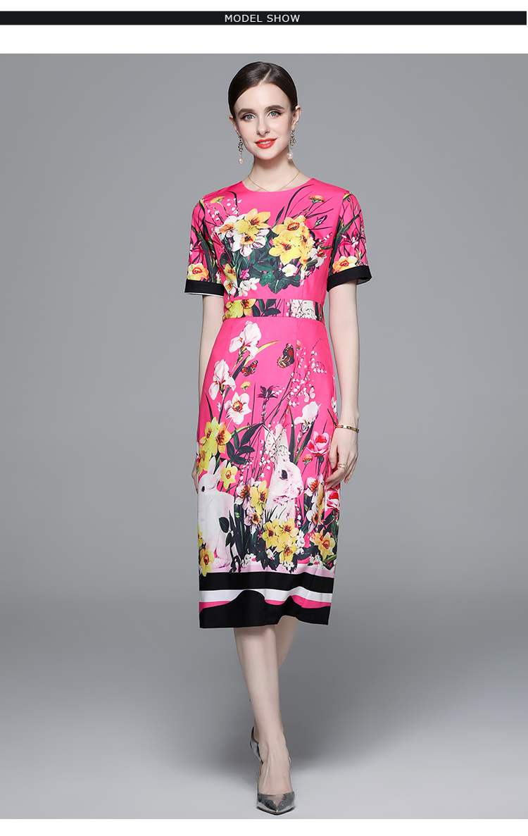 Casual Dresses 2023 Fashion Runway Floral Print Bodycon Dress Summer Womens O-Neck Short Sleeve Elegant Holiday Split Midi Party Vestidos
