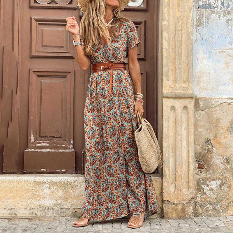 Women's Designer Summer Dress Fashion Bohemian V-Neck Ral Elegant Beach Maxi Dresses For Woman Robes Vestidos Ladies Vacation Holidy Skirt G05