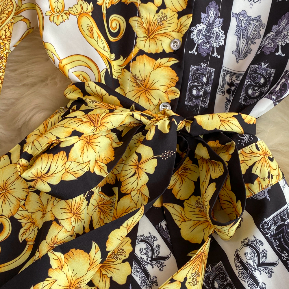 2023 Casual Dresses Spring Autumn Colorblock Irregular Shirt Dress Women's Turn Down Neck Long Sleeve Vintage Print Button Up Sashes Midi Dress