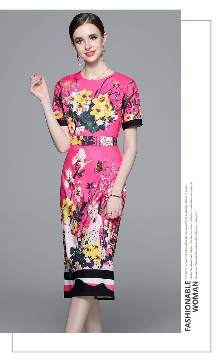 Casual Dresses 2023 Fashion Runway Floral Print Bodycon Dress Summer Womens O-Neck Short Sleeve Elegant Holiday Split Midi Party Vestidos