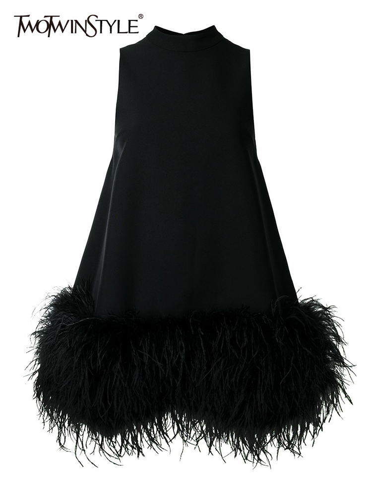Basic Casual Dresses TWOTWINSTYLE Feather Fur Dress For Women O Neck Sleeveless Loose Tassel A Line Dresses Female Streetwear Summer Fashion 230609
