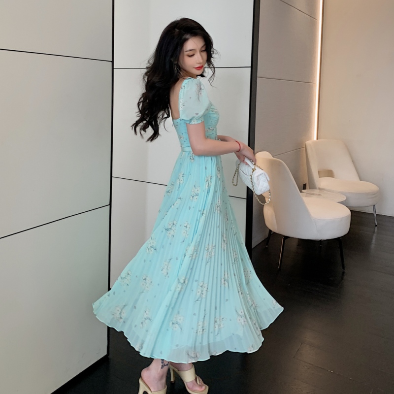 Casual Dresses S-elf-Portrait Chiffon Midi Dress Backless Short Sleeve Pleated Dress for