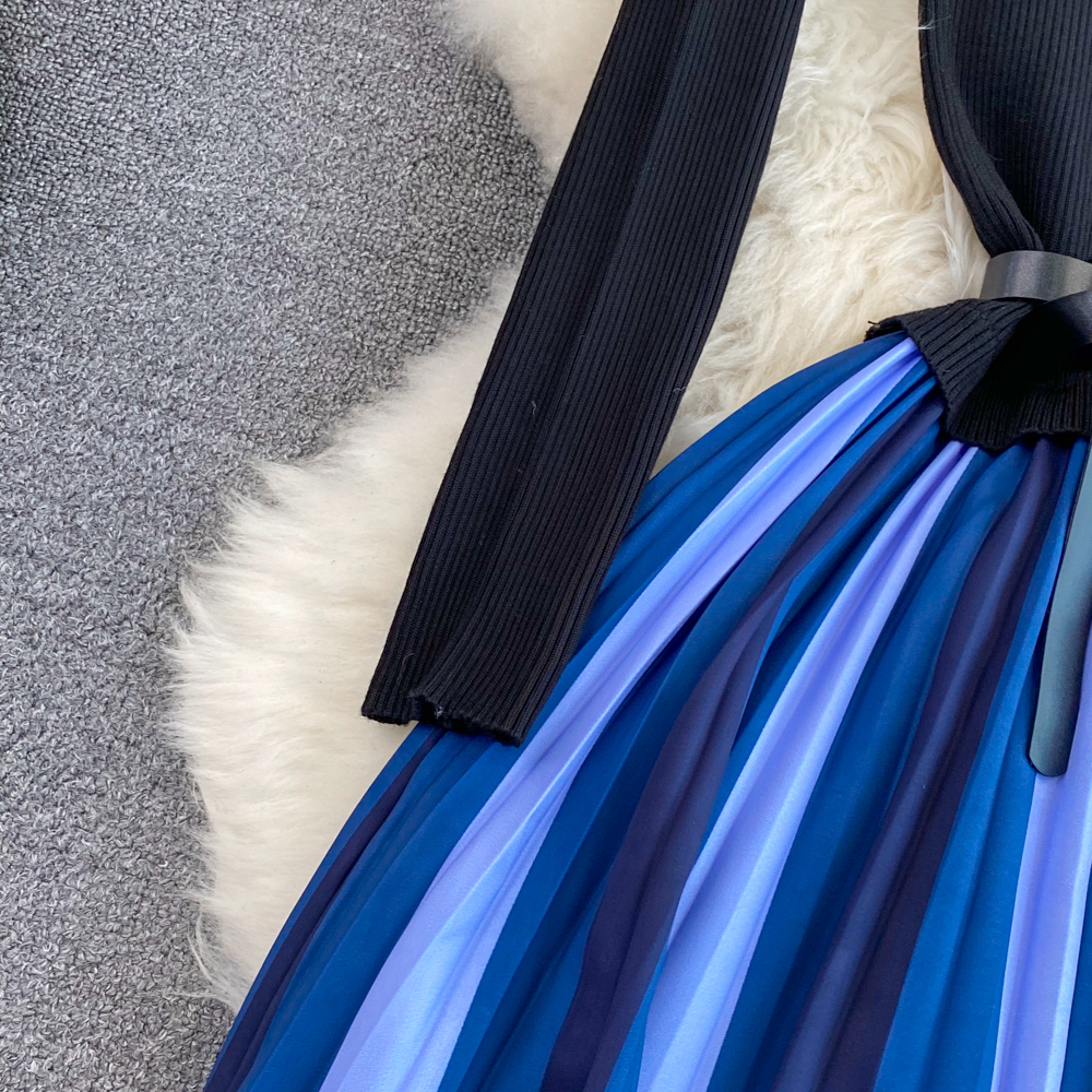 2023 Casual Dresses Autumn Knitted Patchwork Pleated One Piece Dress Women Long Sleeve Sweater Dress Office Lady Stripe Print Midi Vestidos