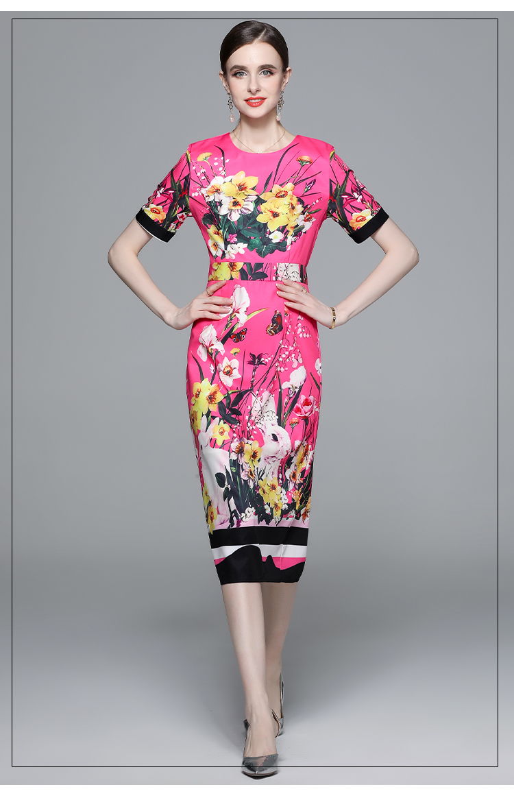 Casual Dresses 2023 Fashion Runway Floral Print Bodycon Dress Summer Womens O-Neck Short Sleeve Elegant Holiday Split Midi Party Vestidos