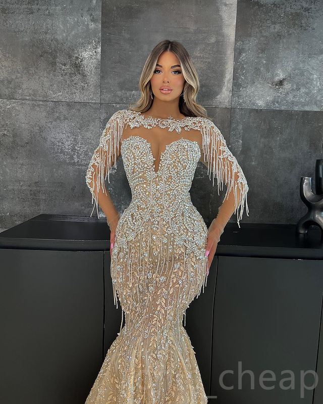 2023 Aso Ebi Champagne Mermaid Prom Dress Beaded Crystals Evening Formal Party Second Reception Birthday Bridesmaid Engagement Gowns Dresses Robe De S