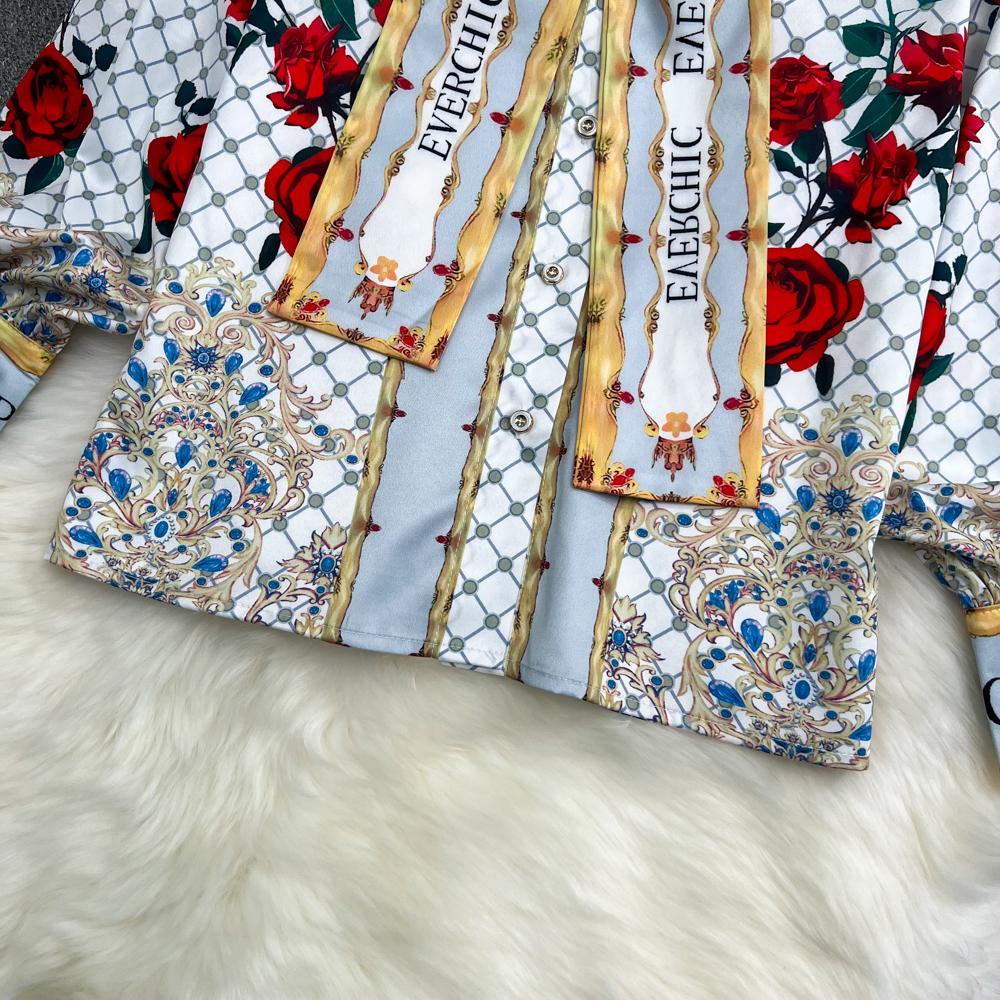 Two Piece Dress Fashion Runway Summer Skirt Suit Women's Rose Floral Print Blouse And A Line Bodycon Midi Mermaid Skirt 2 Two Piece Set 2023