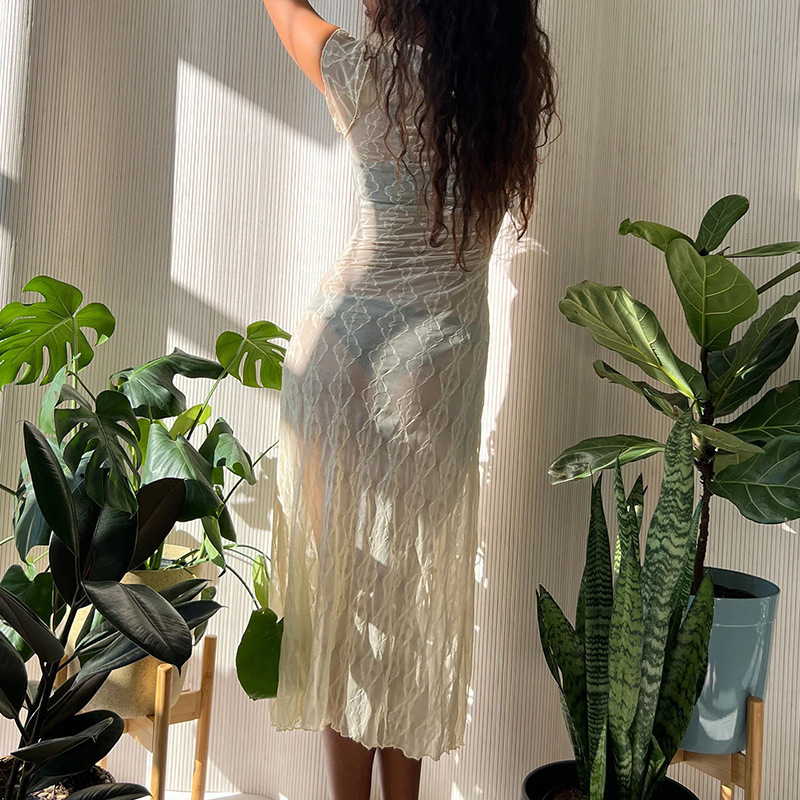 Basic Casual Dresses Goth Dark Knit Lace Fairycore Aesthetic Midi Dress Retro Y2k Grunge Elegant Sheer Long Dresses Women Bandage Short Sleeve Outfit 
