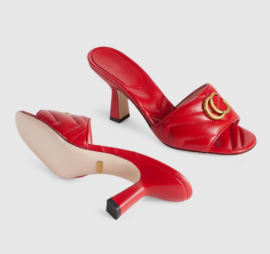 

Women Designer Blondie Slide Slippers Round Interlocking G Gold Toned Hardware Leather Sole Flat Mule Buckle Wedge Sandals Size 35-42