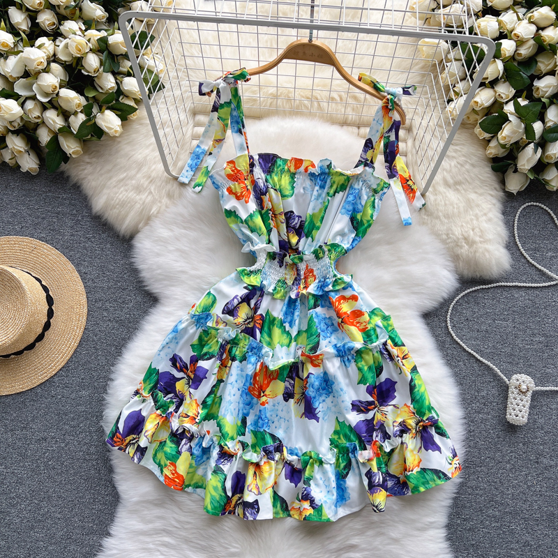Casual Dresses 2023 Summer Slach Neck Flower Beach Short Dress Womens Bow Spaghetti Strap Elastic Waist Holiday Ruffles Cascading Dress