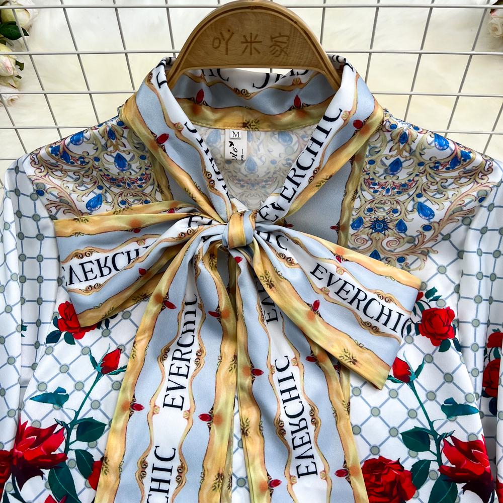 Two Piece Dress Fashion Runway Summer Skirt Suit Women's Rose Floral Print Blouse And A Line Bodycon Midi Mermaid Skirt 2 Two Piece Set 2023