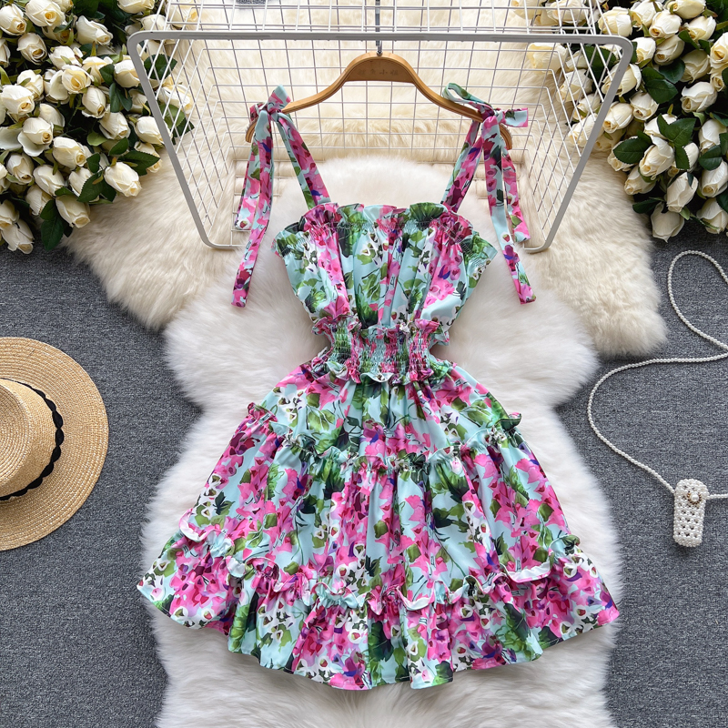 Casual Dresses 2023 Summer Slach Neck Flower Beach Short Dress Womens Bow Spaghetti Strap Elastic Waist Holiday Ruffles Cascading Dress