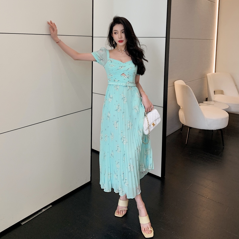 Casual Dresses S-elf-Portrait Chiffon Midi Dress Backless Short Sleeve Pleated Dress for