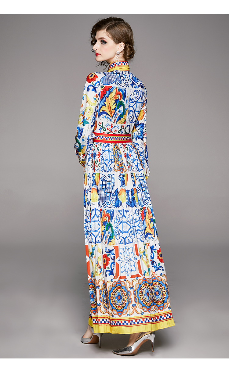 Casual Dresses 2023 Fashion Runway Maxi Dresses Spring Women's Long Sleeve Blue and White Porcelain Floral Print Holiday Long Dress