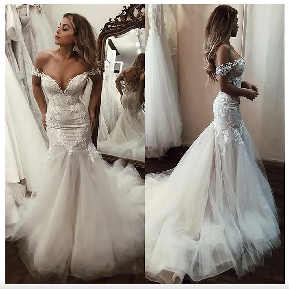 Off The Shoulder Appliqued Lace Mermaid Dresses 2023 Tulle Bottom Bridal Dress Backless Country Wedding Gowns 0914