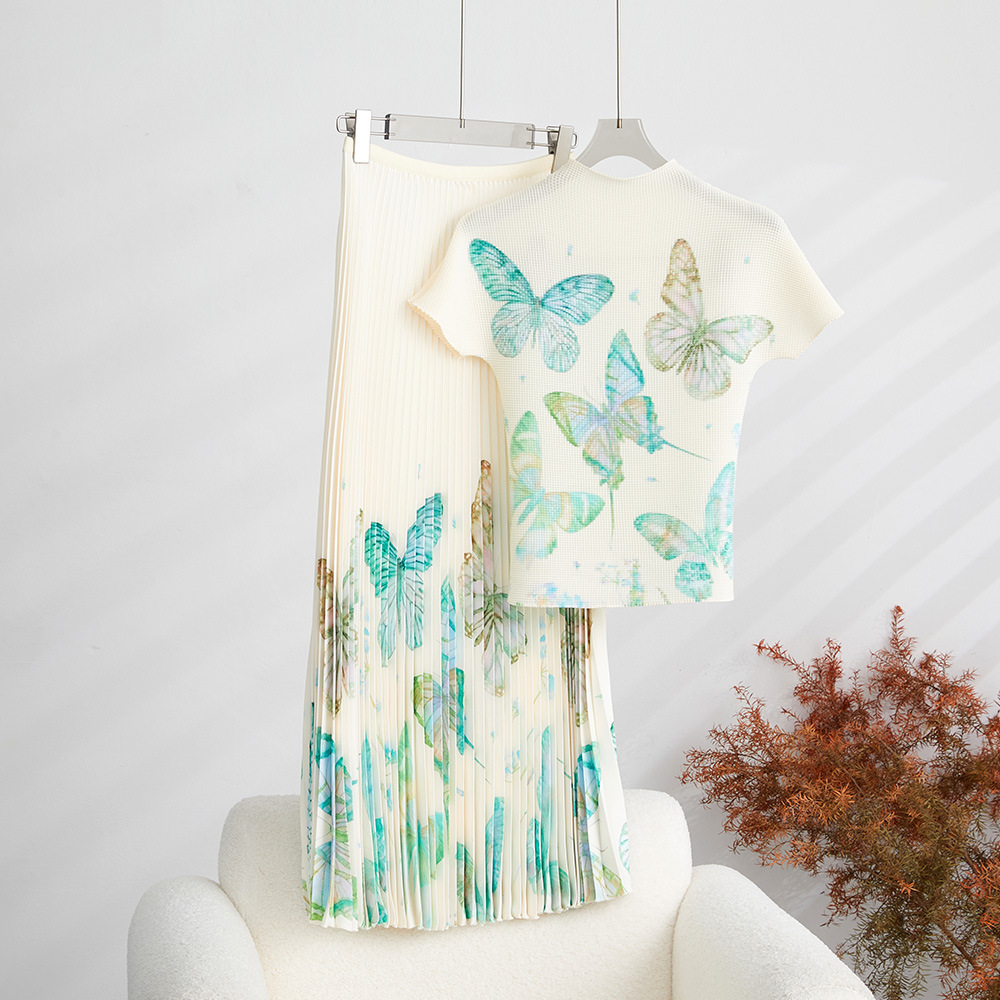 Two Piece Dress Women Elegant Flower Print Stretched Pullovers Top + A-Line Pleated Midi Skirts Fashion Runway 2 Pieces Set Casual Outfits 2023