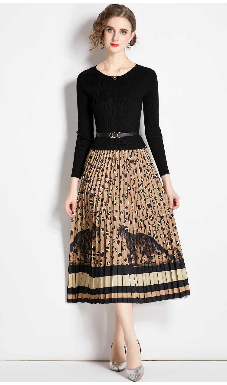 2023 Casual Dresses Autumn Winter Knitted Patchwork Leopard Vintage Print Sweater Dress Women Long Sleeve Sashes Contrast Pleated Midi Vestidos
